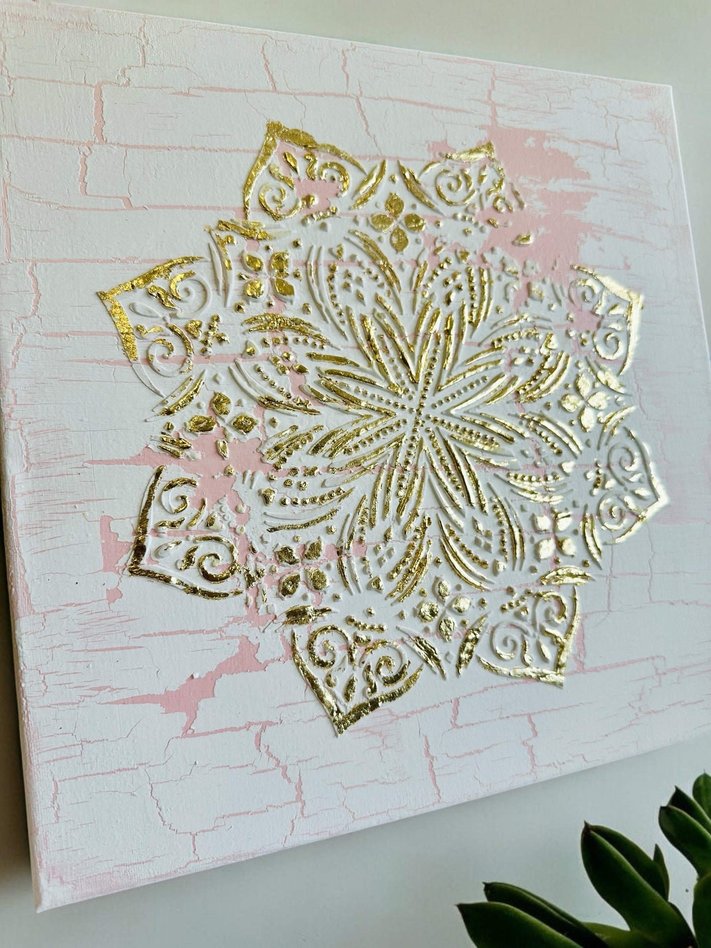Distressed Golden Mandala wall art canvas, 14x14”