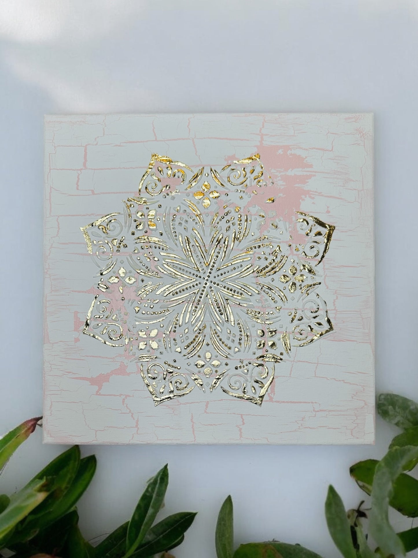 Distressed Golden Mandala wall art canvas, 14x14”