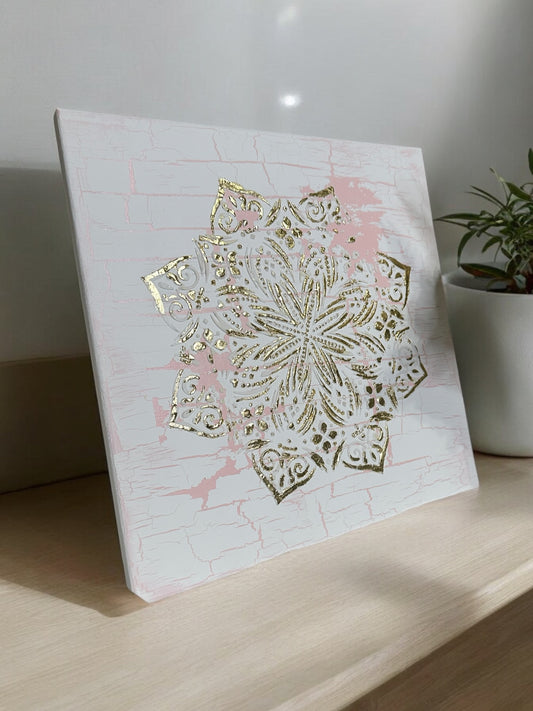 Distressed Golden Mandala wall art canvas, 14x14”