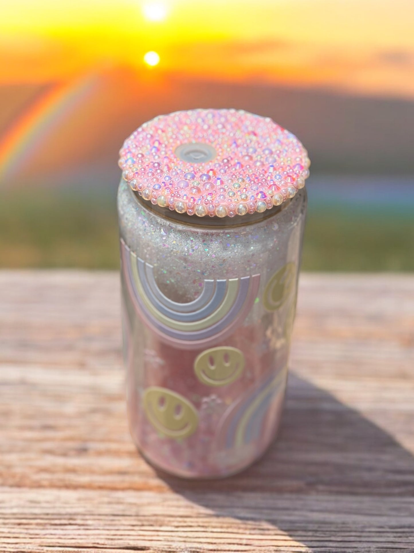 16oz Be Happy Glitter Globe glass can