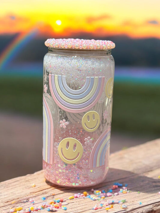 16oz Be Happy Glitter Globe glass can