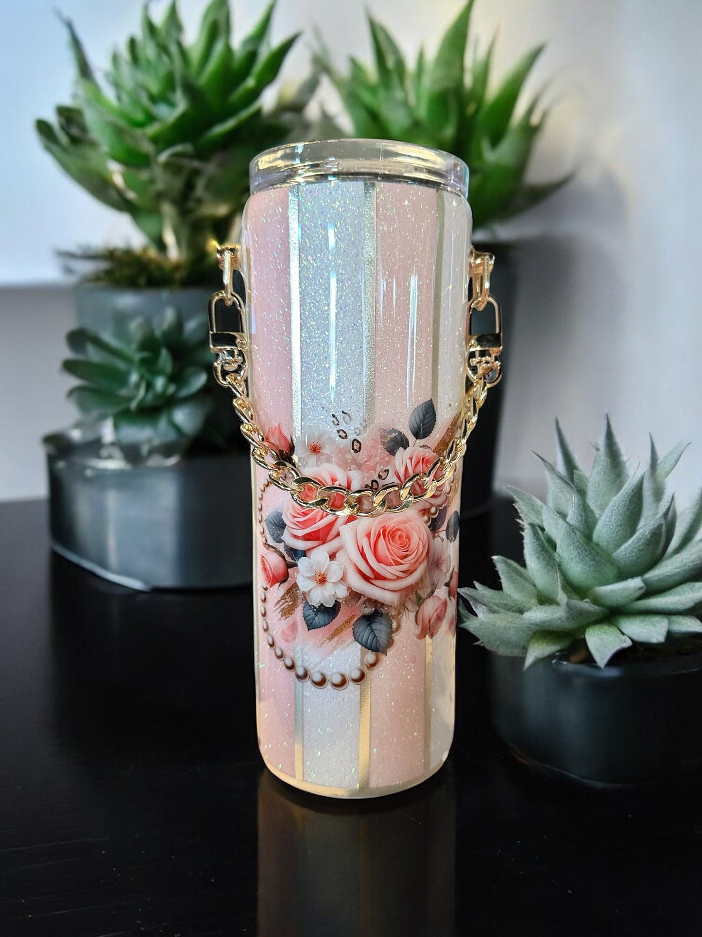 Pink and White Striped with Chain, 20oz